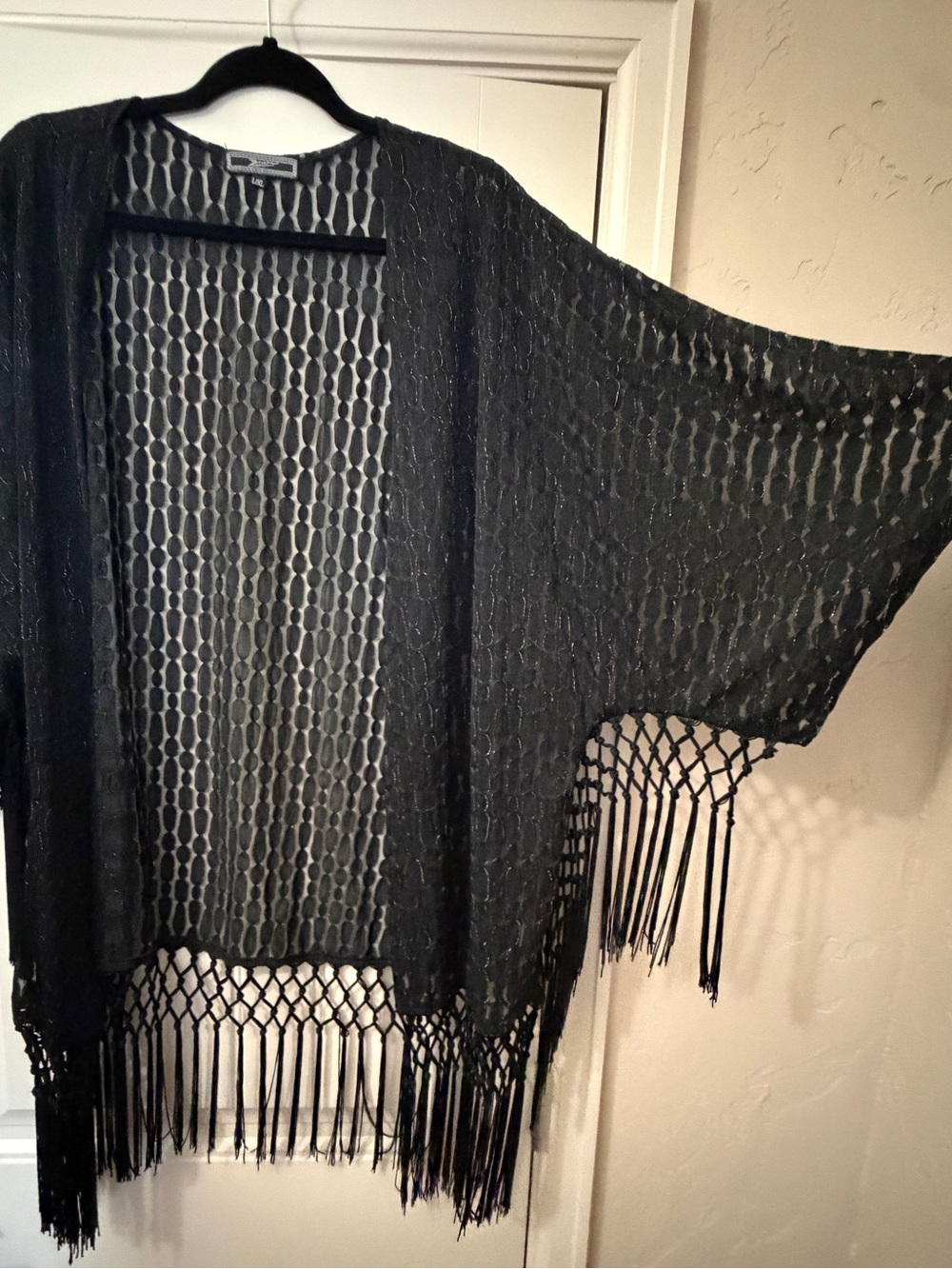 Zara Black Open-Knit Fringe Kimono Cardigan